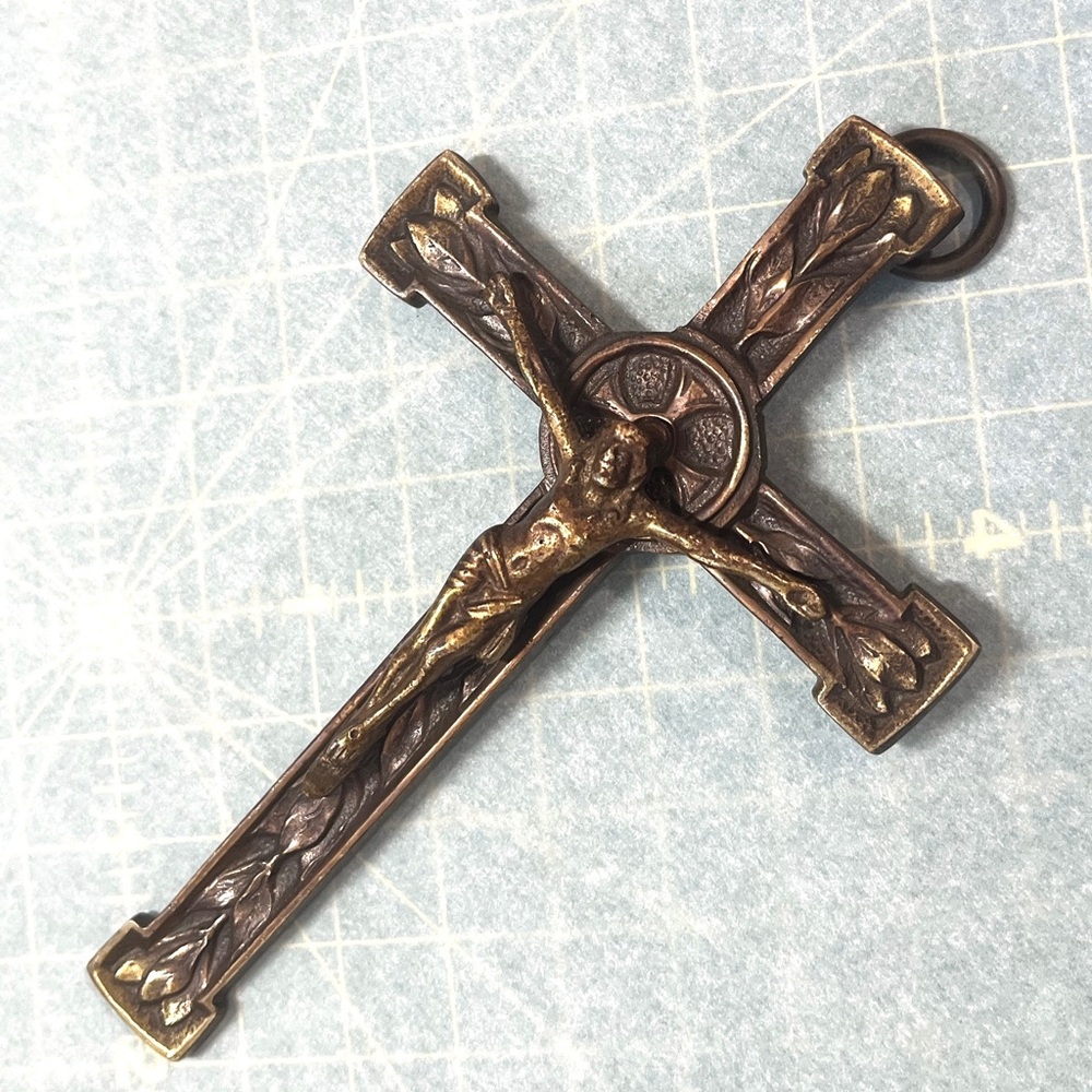 Vintage Bronze Crucifix, Art Deco Leaf Motif Signed E Hoffer Cross Pectoral Wall
